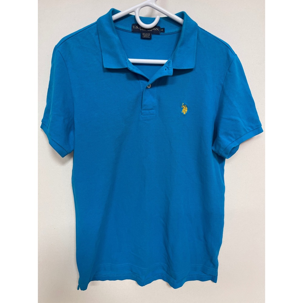 US Polo Assn Mens Medium Blue Short Sleeve Cotton Pique Polo Shirt Yellow Logo